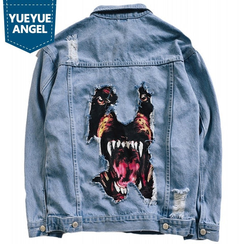 Harajuku Fashion Men Hip Hop Denim Jacket Funny Dog Printed Broken Hole Jean Jacket Autumn Streetwear BF Style Coat Male Clothes
